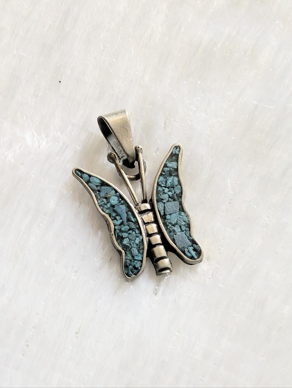 🔴SALE!Vintage Turquoise Inlaid Butterfly Silver Alpaca Fairycore Mexico Pendant